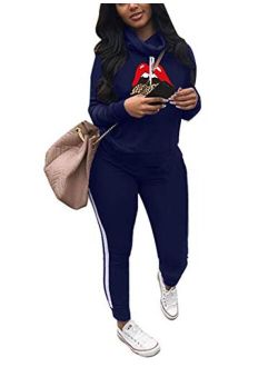 Angsuttc Jogging Suits for Women 2 Piece Tracksuit Outfits Lip Print Long Sleeve Sweatshirt Jogger Pants Sport Set