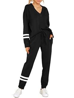 FERNGIRL Women's Two Piece Sweatsuit Sets Striped Outfits Long Sleeve Tie Waist Loungewear Sweatpants Athletic Tracksuit