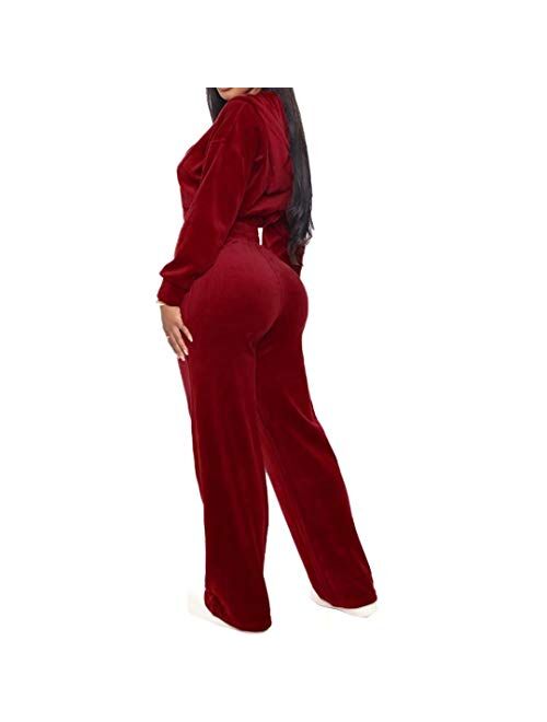 Iymoo Womens Sexy Velvet Sweatsuit Outfits - Hoodie Sweatshirt Crop Tops Straight Pants 2 Piece Set Tracksuit