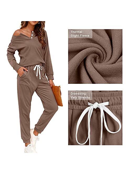 WIHOLL Two Piece Outfits for Women Lounge Sets Button Down Sweatshirt Sweatpants Sweatsuits Set with Pockets