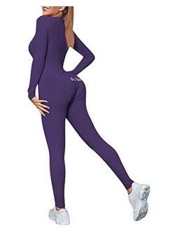 Scoprimay Women's Sexy One Piece Onesie Pajamas Jumpsuit Butt Flap Long Sleeve V Neck Bodycon Bodysuits Rompers Nightwear
