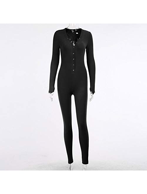 LZJDS Womens Onesie Jumpsuit Pajamas with Back Functional Buttoned Flap Sexy Bodysuit Sleepwears,Black,M