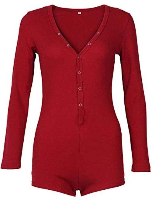 Joywish Women's Deep V Neck Butt Button Back Flap Pajama Onesie Shorts Long Sleeve Knitted One Piece Bodysuit Bodycon Rompers