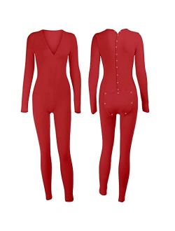 Zyxdk Women Onesies Pajamas Sexy Deep V-Neck Long Sleeve One-Piece Butt Button Back Flap Jumpsuit for Any Body Type, S-XL