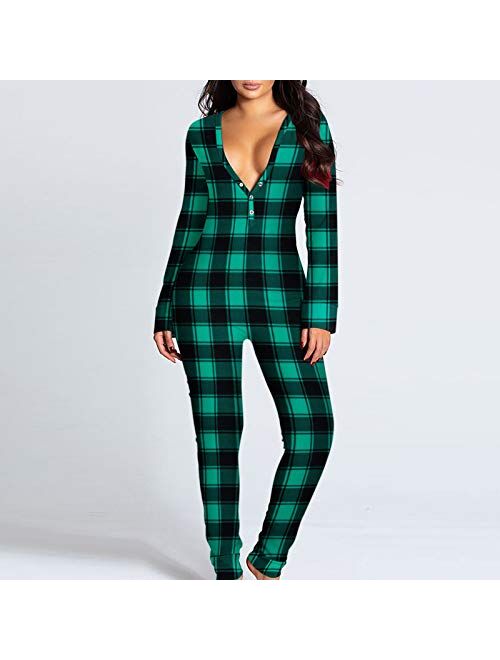 LZJDS Womens Onesie Jumpsuit Plaid Printing Pajamas with Back Functional Buttoned Flap Sexy Bodysuit Sleepwears,Green(Long),M