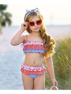 Mia Belle Girls | Red & Light Blue Cherry Ruffle Bikini - Toddler & Girls