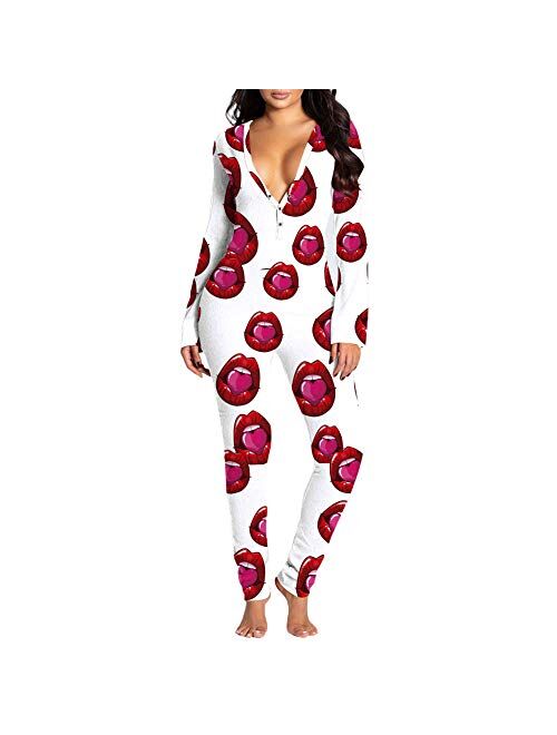 Bemycutie Women's Sexy Butt Button Back Flap Adult Onesies Pajamas, 2021 Long Sleeve Deep V-Neck Club One-Piece Bodycon Jumpsuit
