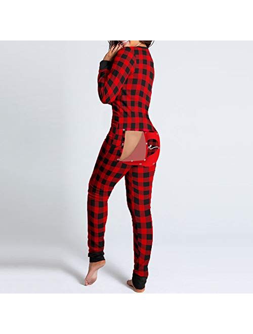 POTO Plaid Onesie Pajamas for Women Sexy Adults Butt Button Flap Jumpsuit Long Sleeve V Neck Printed Rompers Sleepwear