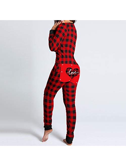 POTO Plaid Onesie Pajamas for Women Sexy Adults Butt Button Flap Jumpsuit Long Sleeve V Neck Printed Rompers Sleepwear
