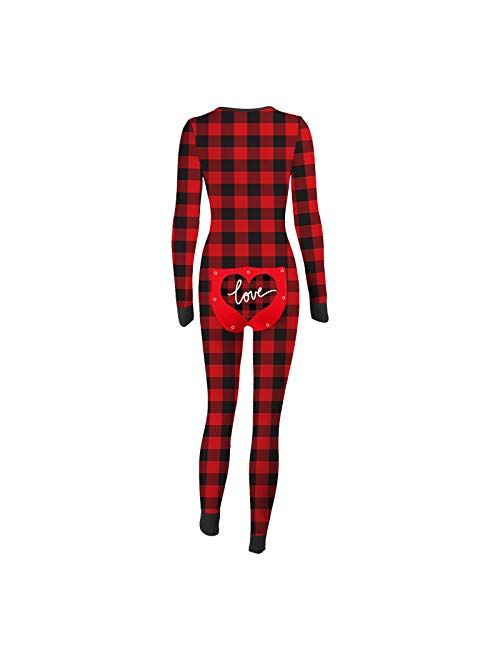 POTO Plaid Onesie Pajamas for Women Sexy Adults Butt Button Flap Jumpsuit Long Sleeve V Neck Printed Rompers Sleepwear