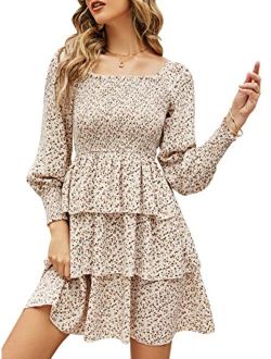 Bequemer Laden Womens Long Lantern Sleeve Square Neck Tie Back Floral Tiered Ruffle Swing Short Mini Dress