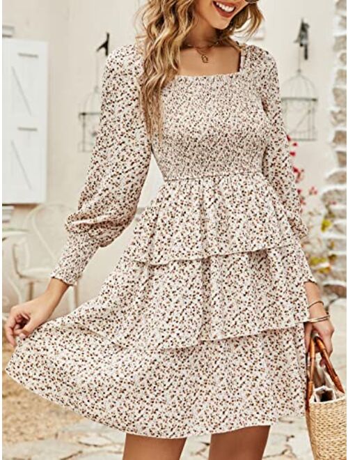 Bequemer Laden Womens Long Lantern Sleeve Square Neck Tie Back Floral Tiered Ruffle Swing Short Mini Dress