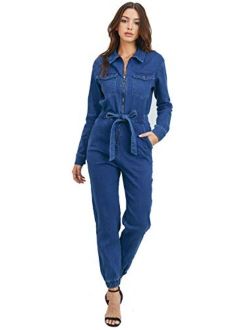 Khanomak Women's Collar Jeans Denim Fitted Utility Jumpsuit with Pockets