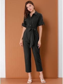 Women's Short Sleeve Collared Cropped Coverall Button Down Tie Waist Cotton Cargo Jumpsuit