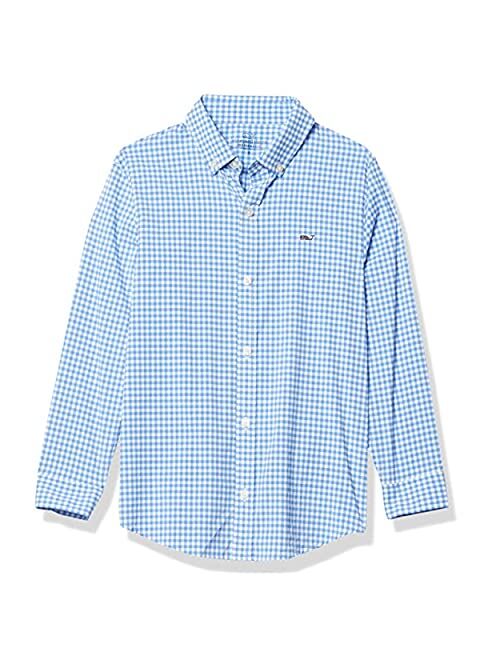 vineyard vines Boys' Arawak Gingham Long Sleeve On-The-go Performance Whale Shirt
