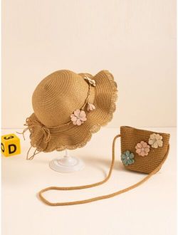 Toddler Girls Flower Decor Straw Hat & Bag