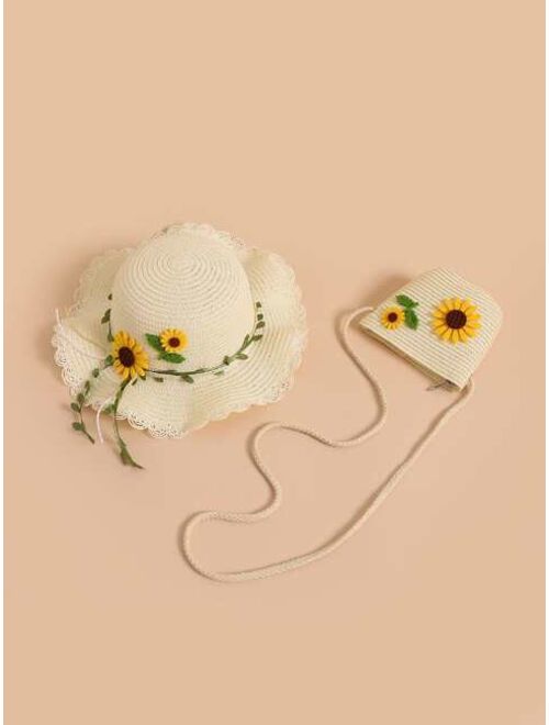 Shein Toddler Girls Flower Decor Straw Hat & Bag