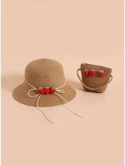 1pc Girls Straw Hat & 1pc Bag