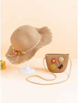 Toddler Girls Flower Decor Straw Hat & Bag
