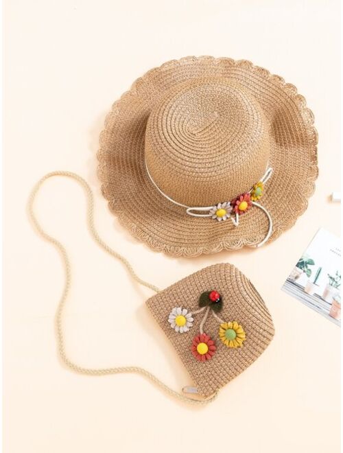 Shein Toddler Girls Flower Decor Straw Hat & Bag