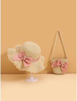Toddler Girls Faux Pearl & Bow Decor Straw Hat & Bag