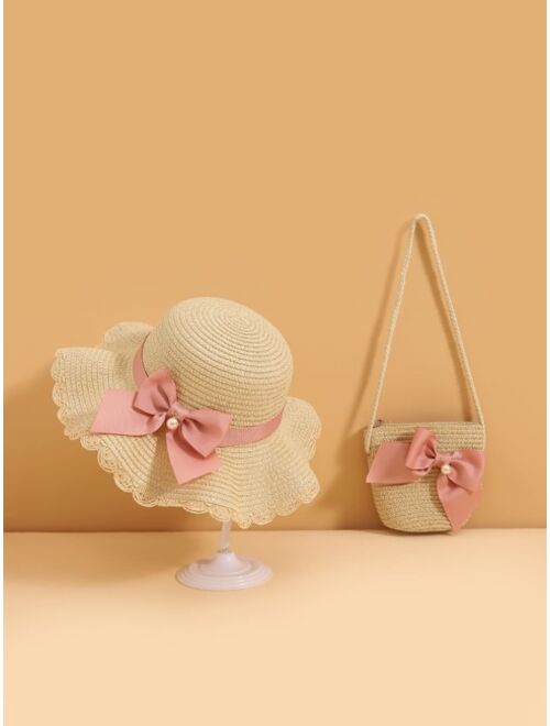 Shein Toddler Girls Faux Pearl & Bow Decor Straw Hat & Bag