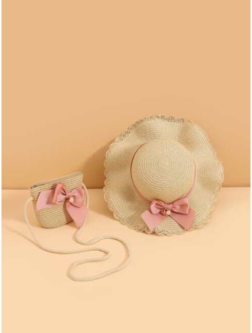 Shein Toddler Girls Faux Pearl & Bow Decor Straw Hat & Bag