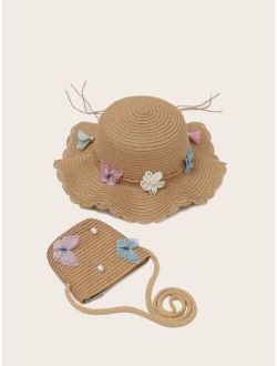 Girls Butterfly Decor Scallop Trim Straw Hat & Bag
