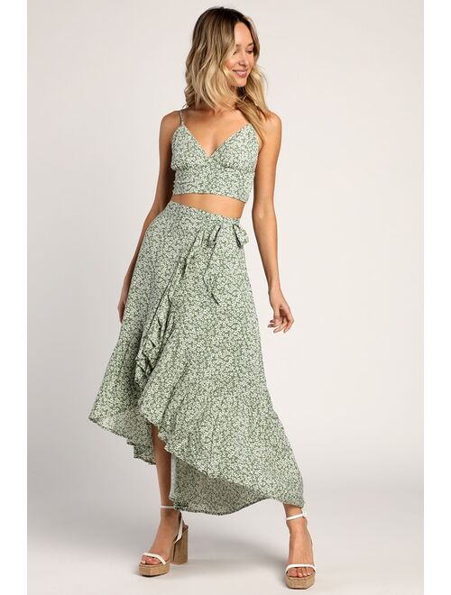 Lulus Summer Romance Sage Green Floral Print Two-Piece Midi Dress