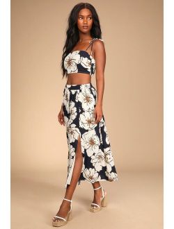 New On The Scene Navy Blue Floral Print Two-Piece Midi Dress