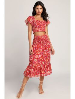 Sunlit Summer Red Floral Print Two-Piece Smocked Midi Dress