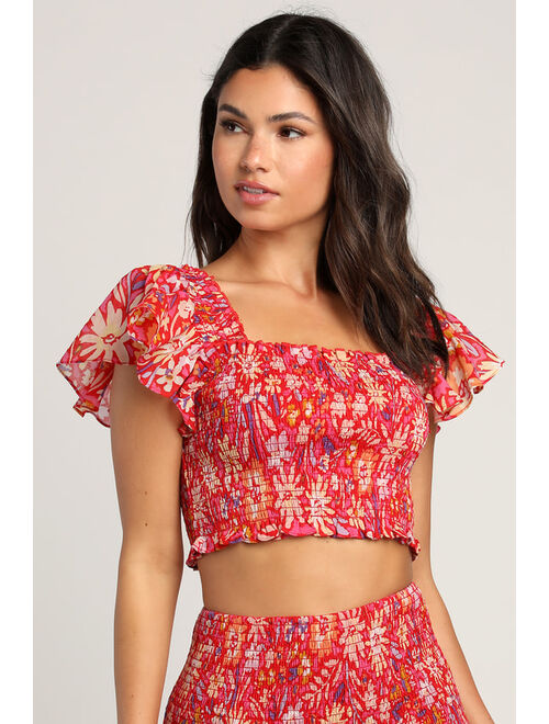 Lulus Sunlit Summer Red Floral Print Two-Piece Smocked Midi Dress