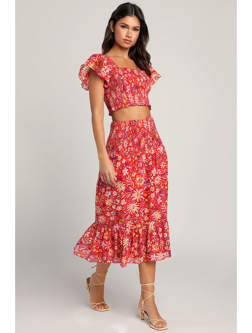 Lulus Sunlit Summer Red Floral Print Two-Piece Smocked Midi Dress