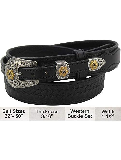 New Look Bullhidebelts.Com Men's Leather Basket Weave Western Ranger Belt – Floral Buckle Set – 1.5” Wide