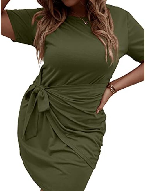 Romwe Women's Plus Size Short Sleeve Tie Knot Front Solid Summer T Shirt Dress