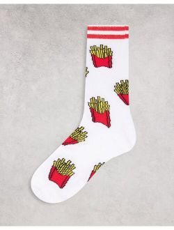 white ankle socks with french fries design