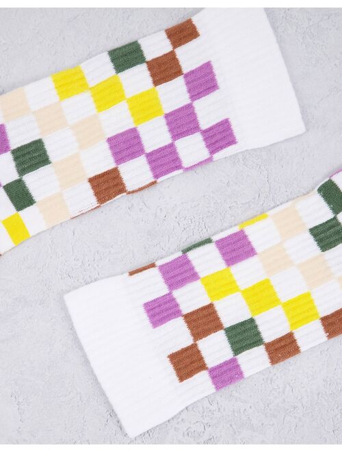ASOS DESIGN multicolored checkerboard sports sock in white