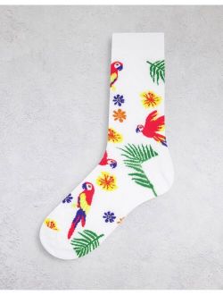 white sock with tropical parrot design