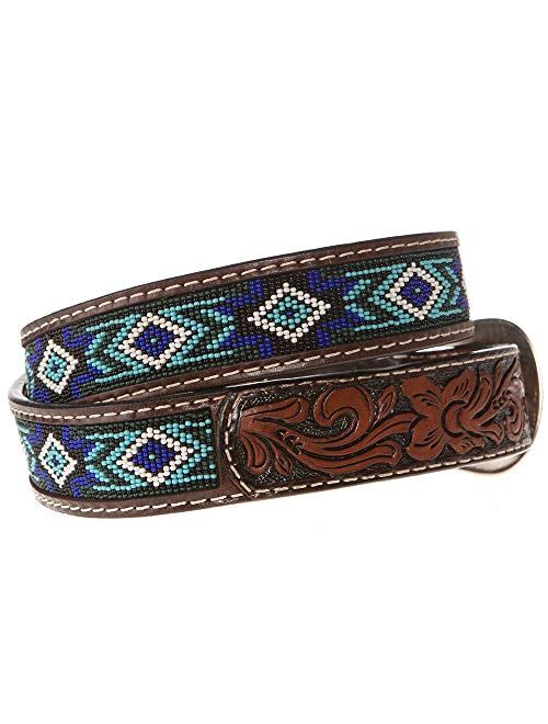 Western Fashion Accessories Mens Brown Belt With Blue And Turquoise Beading