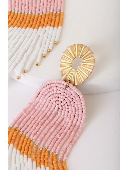 Lulus Rush of Beauty Pink Multi Beaded Fringe Earrings