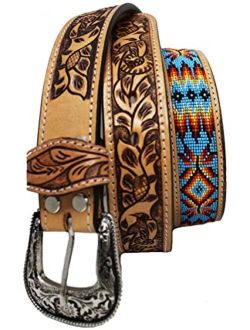 Challenger Horsewear Men Women 1.5" Western Floral Tooled Beaded Full-Grain Leather Belt 26RT29B