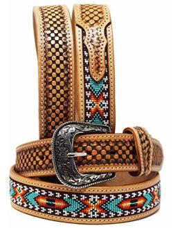 Challenger Horsewear Unisex 1.5" Western Floral Tooled Beaded Full-Grain Leather Belt 26RT22