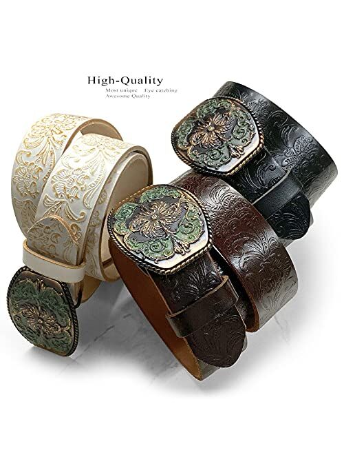 Belts.Com Floral Engraved Buckle Western Fashion Style Full Grain Genuine Leather Belt 1-1/2" (38mm) Wide, Multi-Style Option
