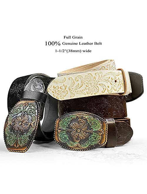 Belts.Com Floral Engraved Buckle Western Fashion Style Full Grain Genuine Leather Belt 1-1/2" (38mm) Wide, Multi-Style Option