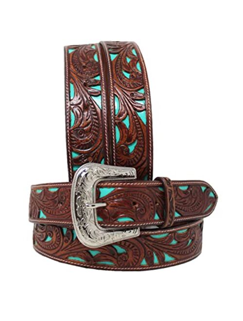 CHALLENGER Men's Western Rodeo Fashion Tooled Floral Genuine Leather Belt Turquoise 2652RS
