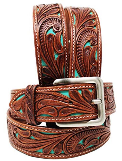 CHALLENGER Men's Western Rodeo Fashion Tooled Floral Genuine Leather Belt Turquoise 2652RS