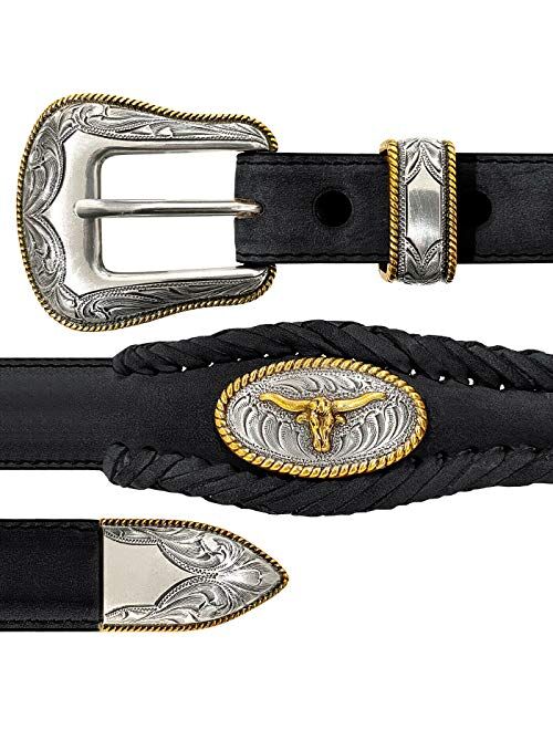 Belts.Com Longhorn Steer / Gold Star Conchos Ranger Belt Western Cowboy Cowgirl Genuine Leather Braided Belt, Size Up to 60"