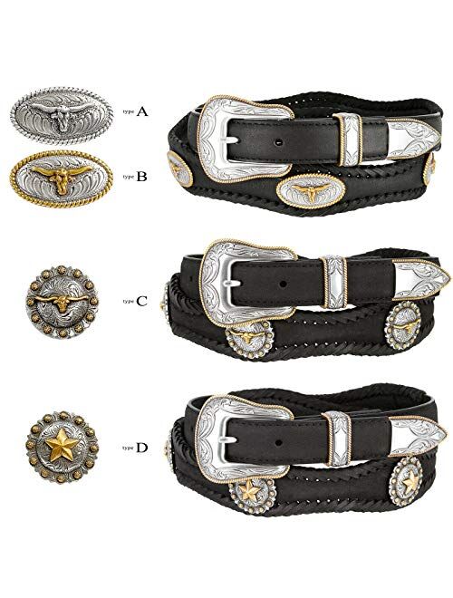 Belts.Com Longhorn Steer / Gold Star Conchos Ranger Belt Western Cowboy Cowgirl Genuine Leather Braided Belt, Size Up to 60"