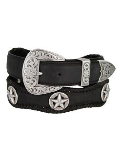 Belts.Com Cowboy Cowgirl Western Indian Coin/Star Conchos Crazy Horse Scalloped Genuine Leather Belt 1-1/2"(38mm) Wide