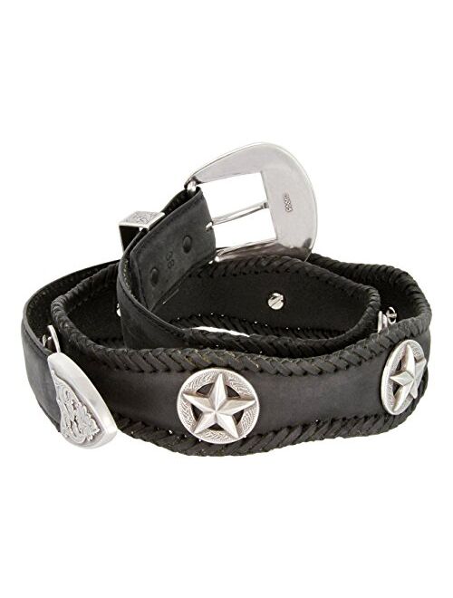 Belts.Com Cowboy Cowgirl Western Indian Coin/Star Conchos Crazy Horse Scalloped Genuine Leather Belt 1-1/2"(38mm) Wide
